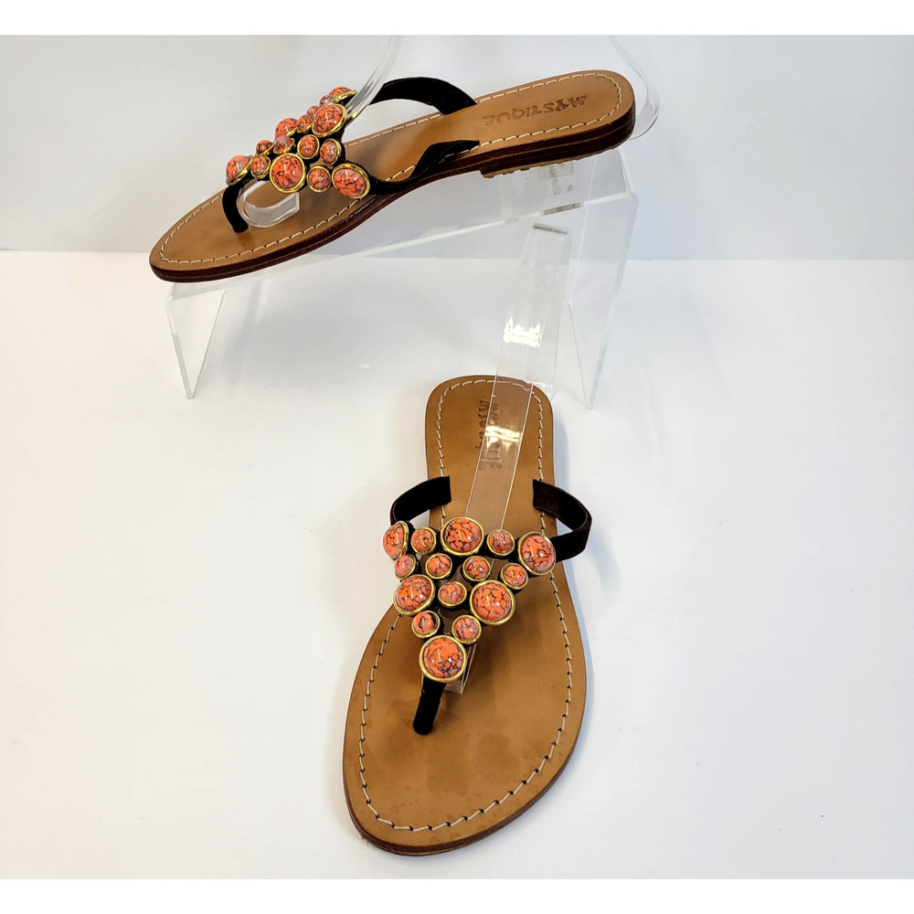 Mystique Boho Thong Sandals Shoes Womens 7 Brown Suede Orange Stone Flat Artsy‎